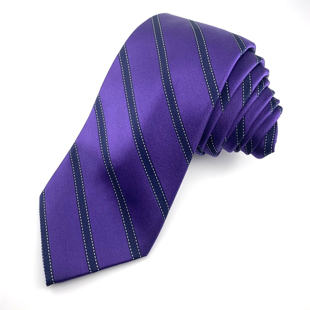 Ike Behar Mens Tie Purple & Black Striped Thick 100% Silk Necktie